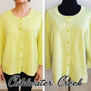 Coldwater Creek Silk Blend Cardigan Sweater Womens XL Chartreuse Green Button Up